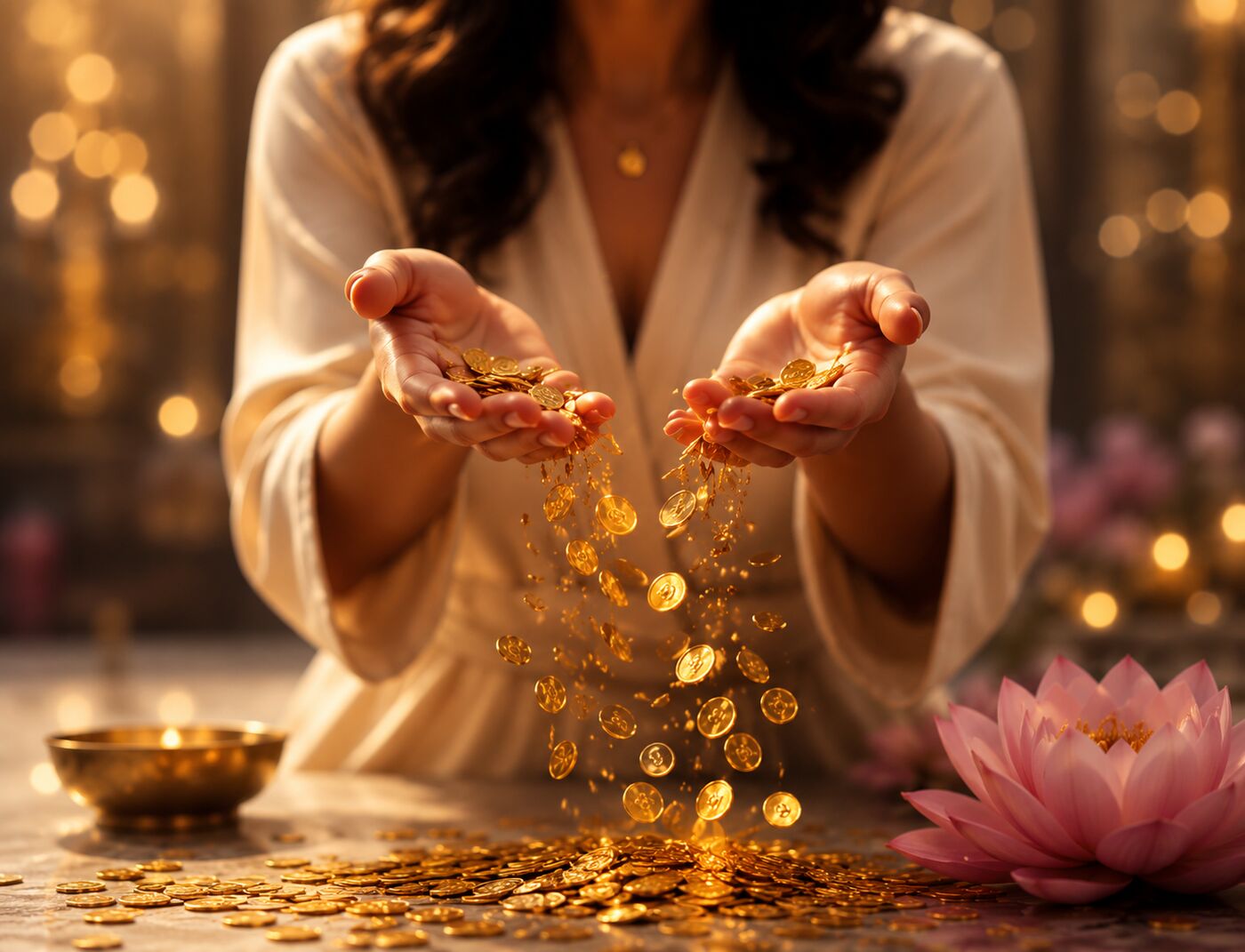 Golden coins slipping through a woman's hands